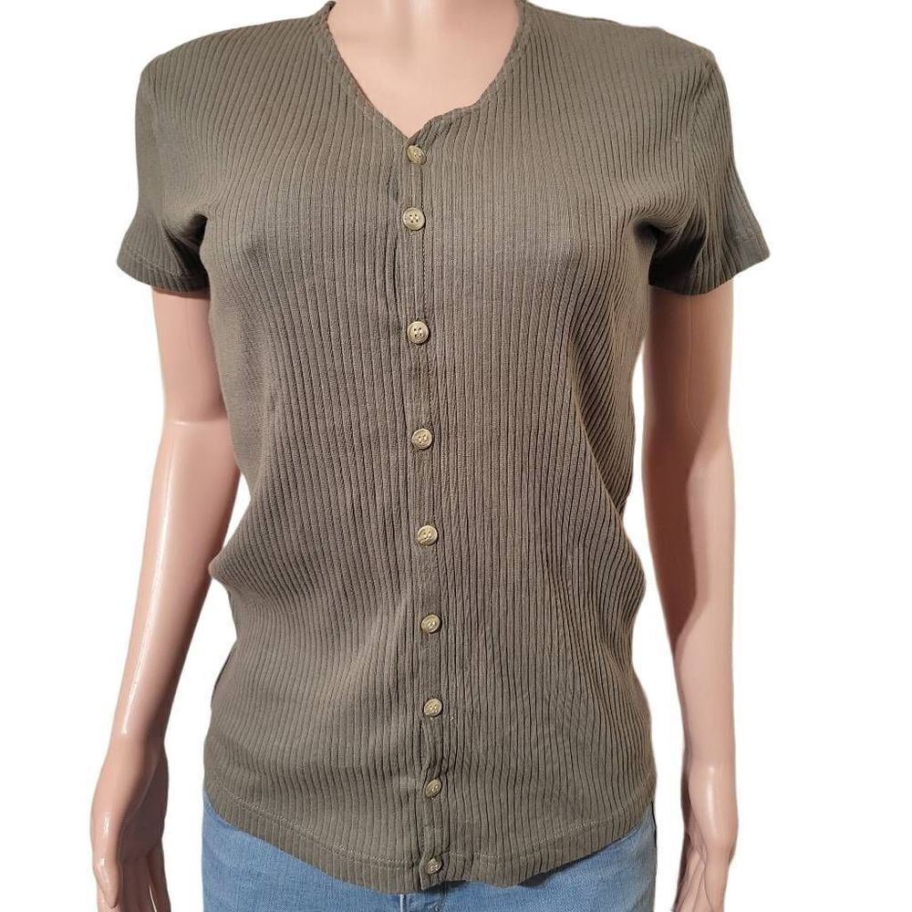 Casino button-up ribbed olive short sleeve top M